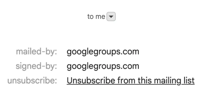 An unsubscribe link in gmail in a popover