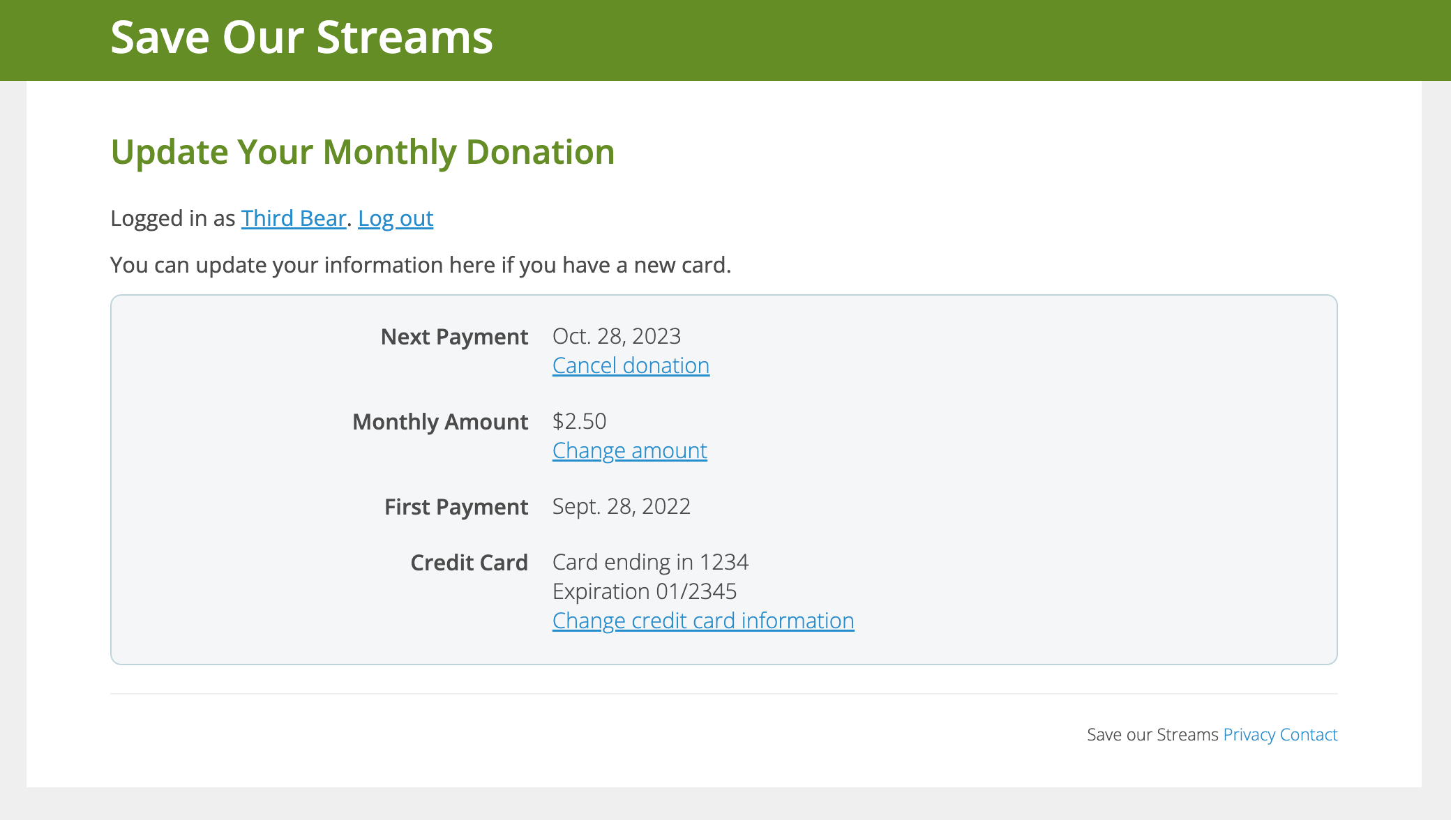 The donation management screen with default templates and styling
